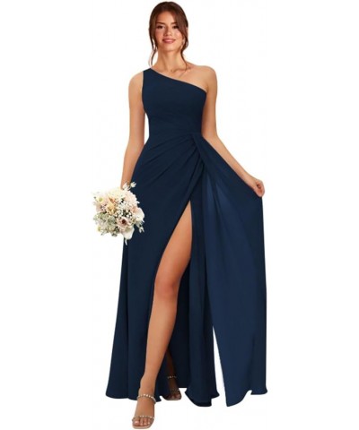 Women's One Shoulder Bridesmaid Dresses with Pockes Long Ruched A Line Formal Dress with Slit AG001 Navy Blue $22.55 Dresses