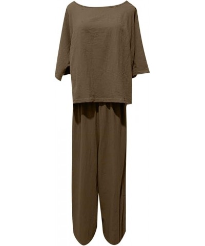 Women Linen Sets 2 Piece Outfits Summer Half Sleeve Irregular Hem Top Elastic Waist Loose Pants Lounge Matching Set A22khaki ...