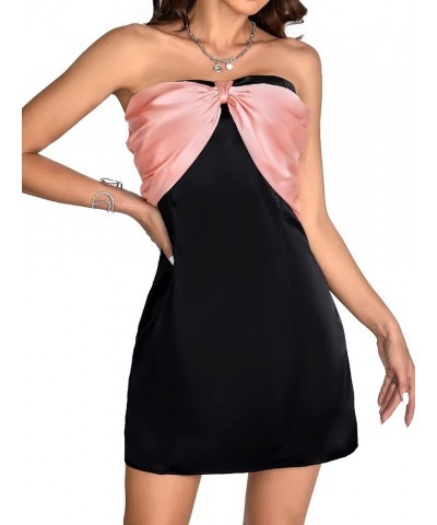 Women's Satin Tube Strapless Sleeveless Bow Front A Line Party Mini Dress Black $21.60 Dresses