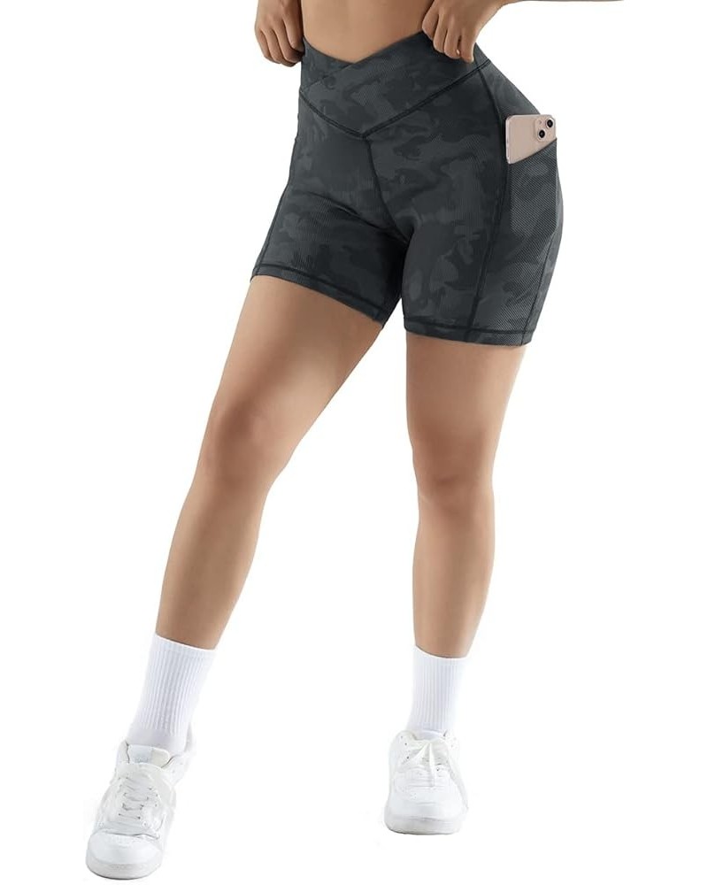 Women Cross Workout Shorts with Pockets 5" High Waist Booty Biker Short Camo Black $12.47 Activewear