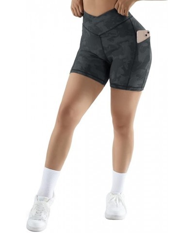 Women Cross Workout Shorts with Pockets 5" High Waist Booty Biker Short Camo Black $12.47 Activewear