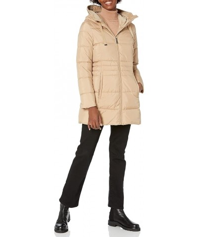 Women's Puffer Jacket with Velvet Lined Hood and Tunnel Neck Camel $50.04 Jackets