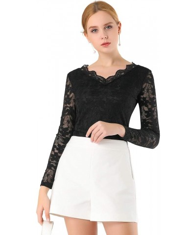 Women's Floral Embroidery Sheer Long Sleeves Lace Blouse Top Black $13.86 Blouses