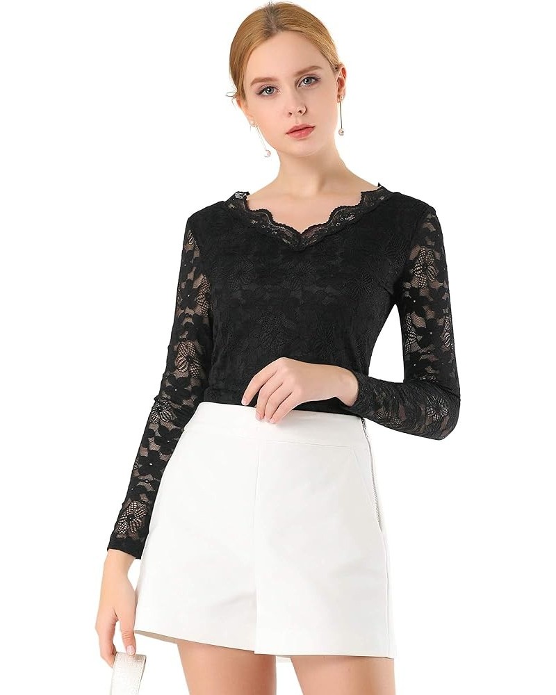 Women's Floral Embroidery Sheer Long Sleeves Lace Blouse Top Black $13.86 Blouses