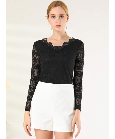 Women's Floral Embroidery Sheer Long Sleeves Lace Blouse Top Black $13.86 Blouses