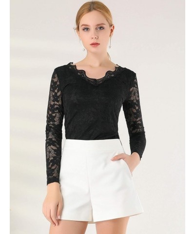 Women's Floral Embroidery Sheer Long Sleeves Lace Blouse Top Black $13.86 Blouses