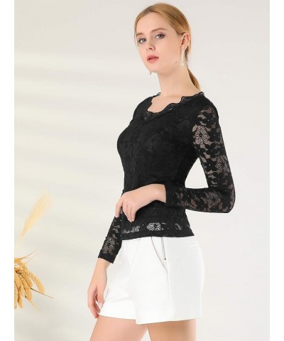 Women's Floral Embroidery Sheer Long Sleeves Lace Blouse Top Black $13.86 Blouses