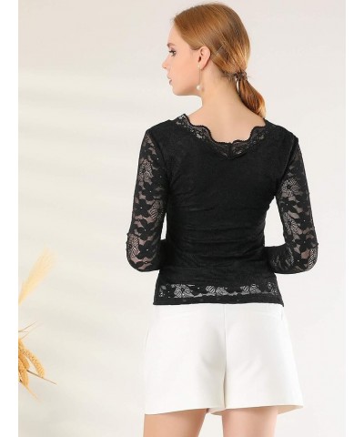 Women's Floral Embroidery Sheer Long Sleeves Lace Blouse Top Black $13.86 Blouses