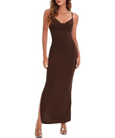 Women's Cowl Neck Split Side Spaghetti Strap Long Cami Dress Coffee Brown $14.85 Dresses