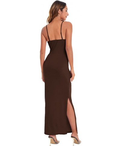 Women's Cowl Neck Split Side Spaghetti Strap Long Cami Dress Coffee Brown $14.85 Dresses