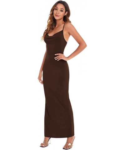 Women's Cowl Neck Split Side Spaghetti Strap Long Cami Dress Coffee Brown $14.85 Dresses