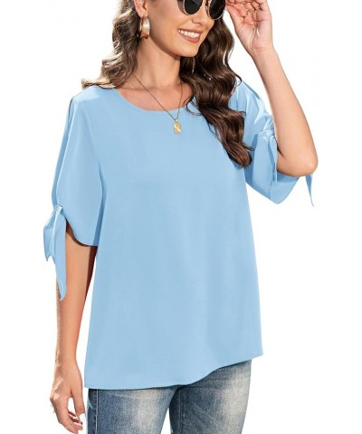 Women's Summer Casual Knot Cuff Chiffon Blouse Short Sleeve Loose Top Shirts Light Blue $11.39 Blouses
