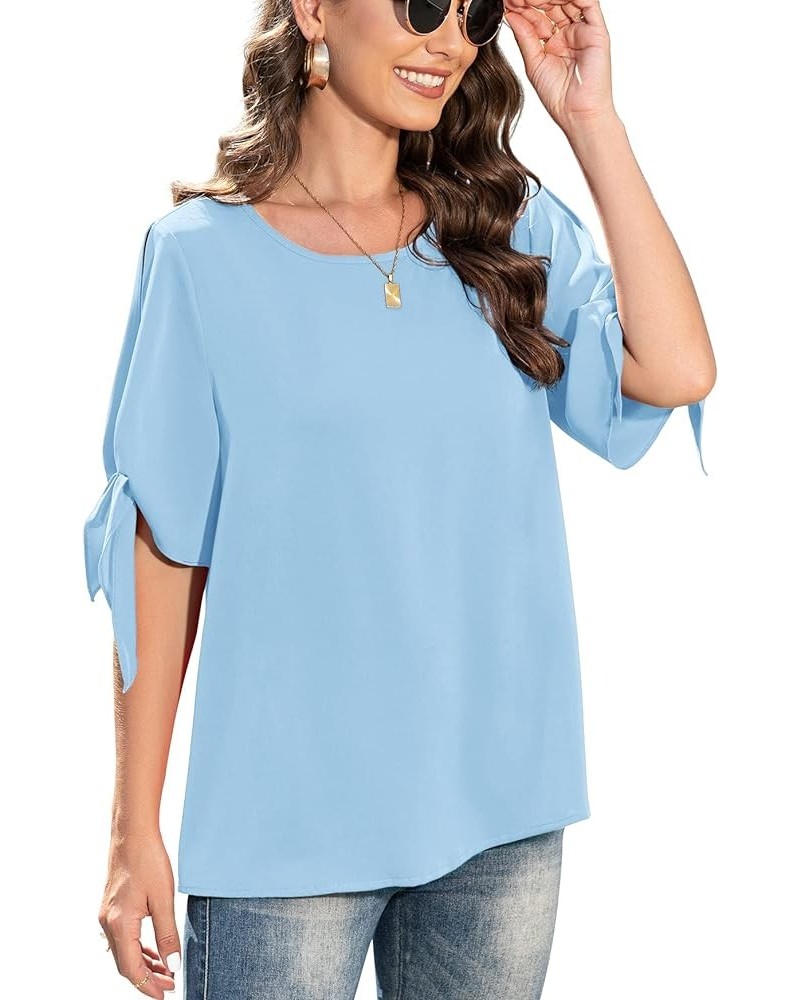 Women's Summer Casual Knot Cuff Chiffon Blouse Short Sleeve Loose Top Shirts Light Blue $11.39 Blouses