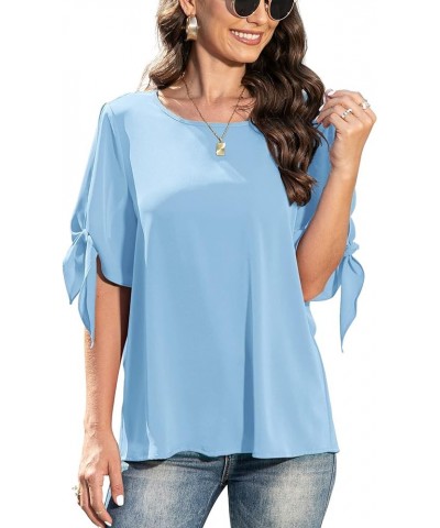 Women's Summer Casual Knot Cuff Chiffon Blouse Short Sleeve Loose Top Shirts Light Blue $11.39 Blouses