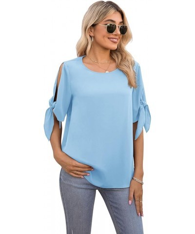 Women's Summer Casual Knot Cuff Chiffon Blouse Short Sleeve Loose Top Shirts Light Blue $11.39 Blouses