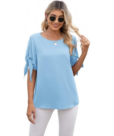 Women's Summer Casual Knot Cuff Chiffon Blouse Short Sleeve Loose Top Shirts Light Blue $11.39 Blouses