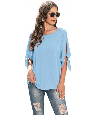 Women's Summer Casual Knot Cuff Chiffon Blouse Short Sleeve Loose Top Shirts Light Blue $11.39 Blouses