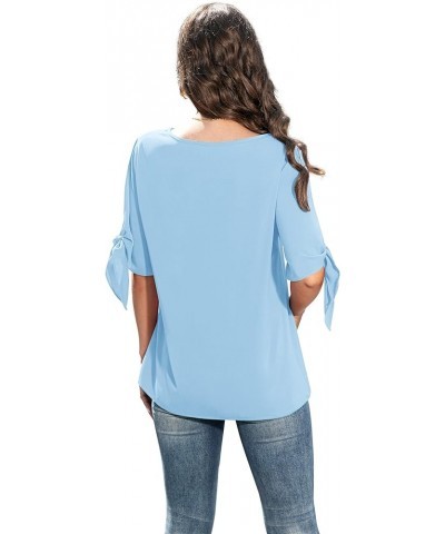 Women's Summer Casual Knot Cuff Chiffon Blouse Short Sleeve Loose Top Shirts Light Blue $11.39 Blouses