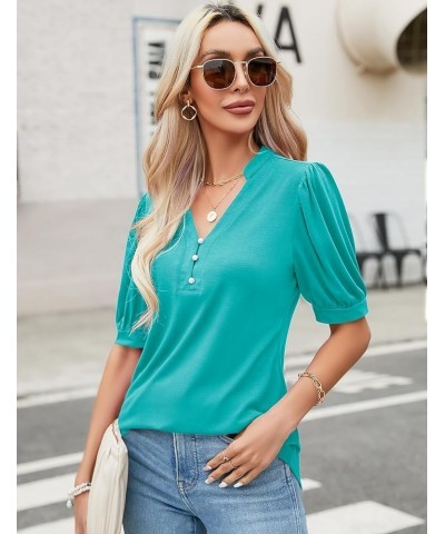 Womens Summer Short Sleeve Shirts Button Down V Neck T-Shirts Casual Puff Sleeve Tops Loose Fitting Tunic Blouse Aqua $15.11 ...