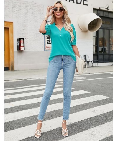 Womens Summer Short Sleeve Shirts Button Down V Neck T-Shirts Casual Puff Sleeve Tops Loose Fitting Tunic Blouse Aqua $15.11 ...