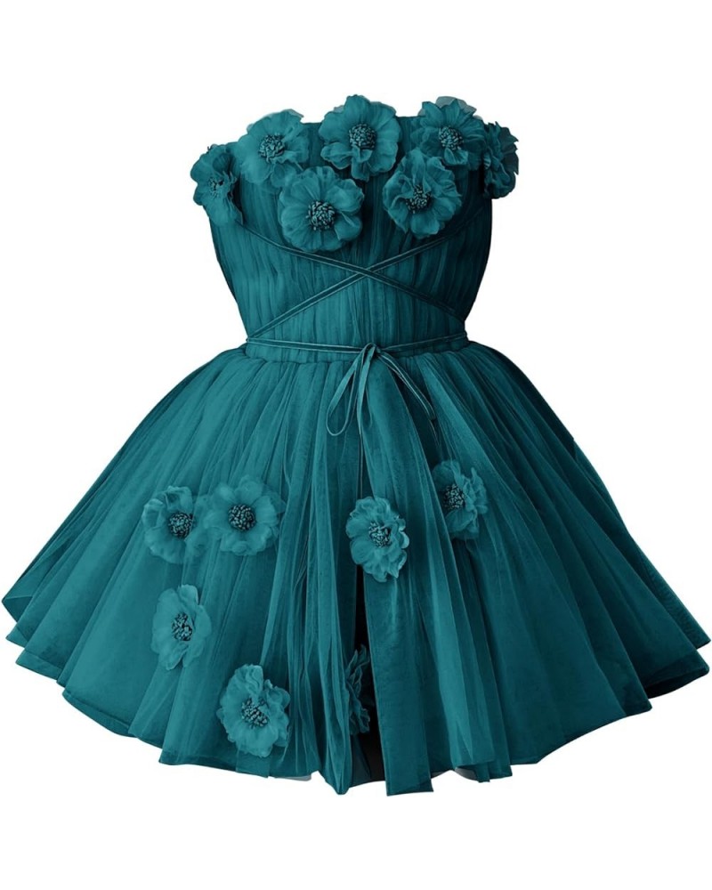 Strapless Tulle Short Homecoming Dresses for Teens Flowers A Line Cocktail Party Gowns Peacock $40.49 Dresses