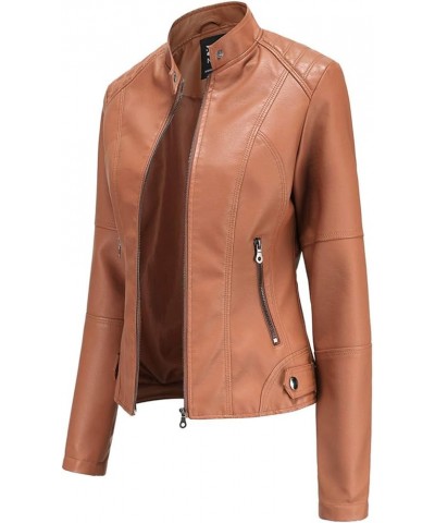 Womens Leather Jacket Plus Size Stand Collar Faux PU Jackets Zipper Short Overcoat Fashion Moto Biker Coats Brown $10.45 Coats