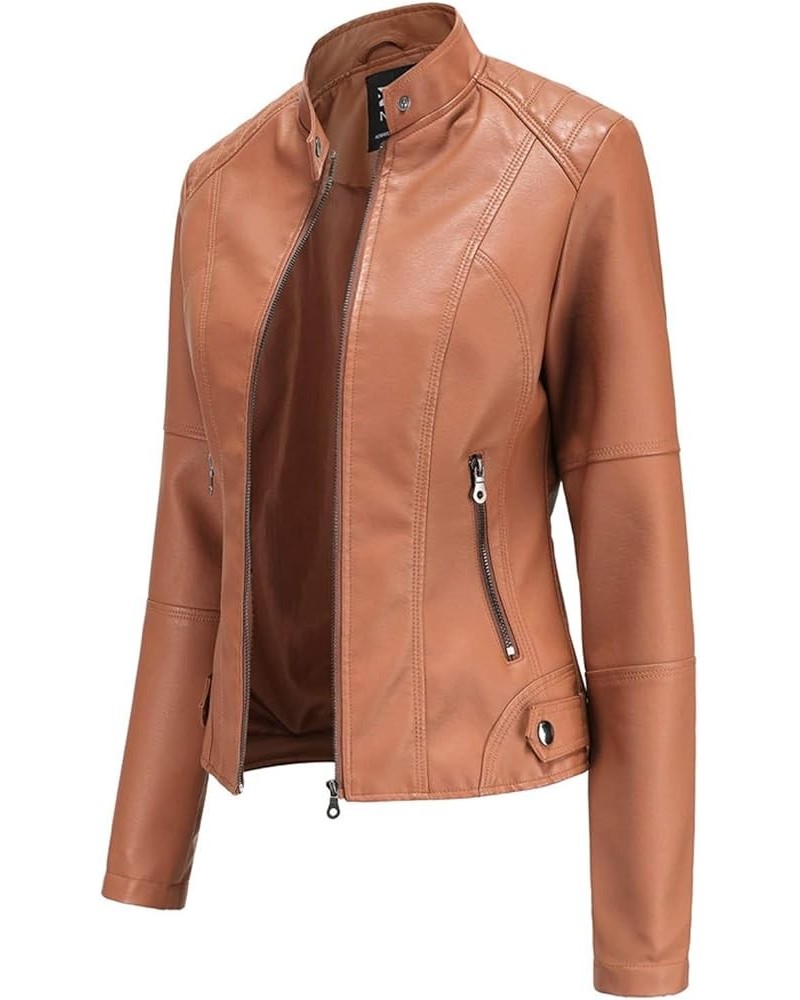 Womens Leather Jacket Plus Size Stand Collar Faux PU Jackets Zipper Short Overcoat Fashion Moto Biker Coats Brown $10.45 Coats