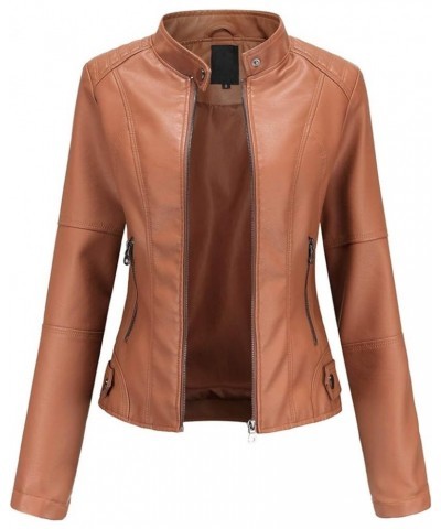 Womens Leather Jacket Plus Size Stand Collar Faux PU Jackets Zipper Short Overcoat Fashion Moto Biker Coats Brown $10.45 Coats