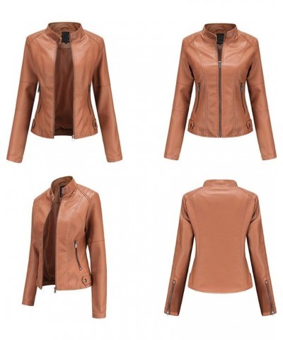 Womens Leather Jacket Plus Size Stand Collar Faux PU Jackets Zipper Short Overcoat Fashion Moto Biker Coats Brown $10.45 Coats