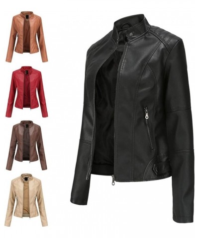 Womens Leather Jacket Plus Size Stand Collar Faux PU Jackets Zipper Short Overcoat Fashion Moto Biker Coats Brown $10.45 Coats