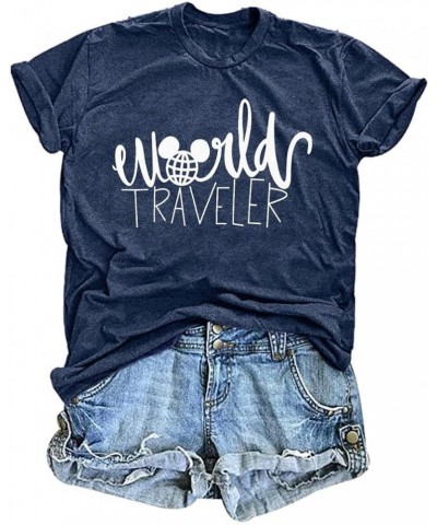 World Traveler Shirt Women Cute Earth Graphic T-Shirt Casual Trip Tee Shirts Vacation Short Sleeve Tops Blue $11.25 T-Shirts