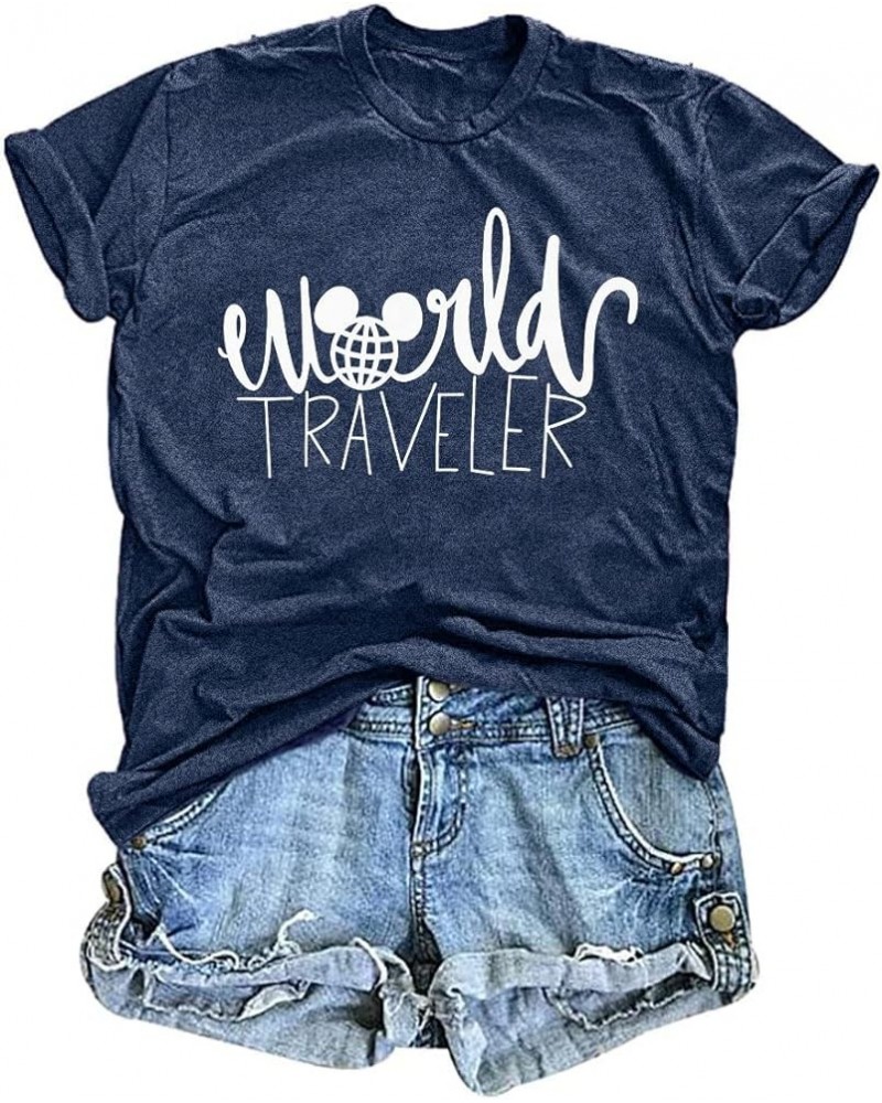 World Traveler Shirt Women Cute Earth Graphic T-Shirt Casual Trip Tee Shirts Vacation Short Sleeve Tops Blue $11.25 T-Shirts