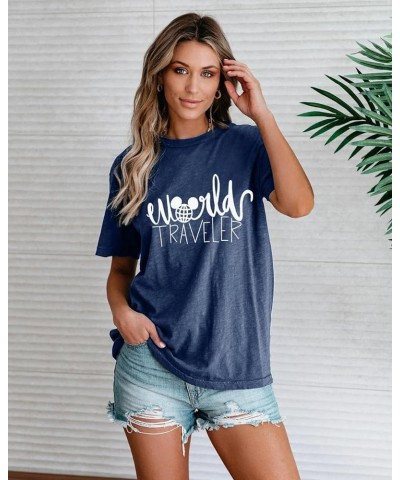 World Traveler Shirt Women Cute Earth Graphic T-Shirt Casual Trip Tee Shirts Vacation Short Sleeve Tops Blue $11.25 T-Shirts