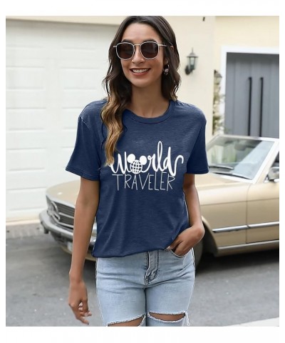 World Traveler Shirt Women Cute Earth Graphic T-Shirt Casual Trip Tee Shirts Vacation Short Sleeve Tops Blue $11.25 T-Shirts