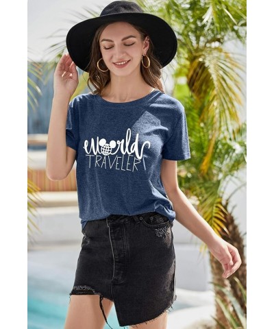 World Traveler Shirt Women Cute Earth Graphic T-Shirt Casual Trip Tee Shirts Vacation Short Sleeve Tops Blue $11.25 T-Shirts