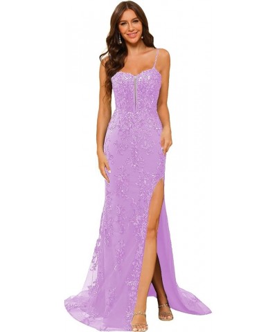 Women's Sweetheart Long Prom Dresses with Slit Tulle Sheath Cocktail Evening Gowns with Applique Lace RS079 Lilac $27.95 Dresses