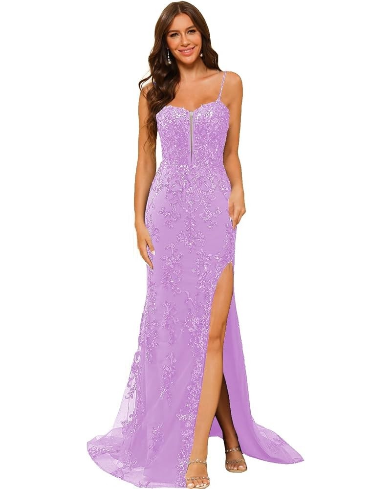 Women's Sweetheart Long Prom Dresses with Slit Tulle Sheath Cocktail Evening Gowns with Applique Lace RS079 Lilac $27.95 Dresses