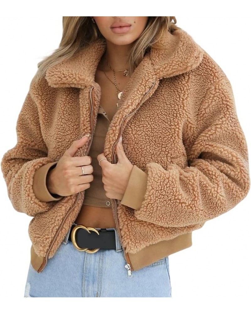 Women's Plush Jacket Cardigan Long Sleeve Fleece Zip Coat Autumn Winter Warm Aesthetic Solid Color Jacket Cardigan A-brown $1...