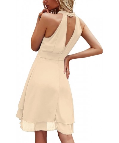 Women's Halter Sleeveless Pleated Layer Ruffle Hem Elegant Workwear Mini Dress Solid Beige $20.68 Dresses