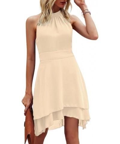 Women's Halter Sleeveless Pleated Layer Ruffle Hem Elegant Workwear Mini Dress Solid Beige $20.68 Dresses