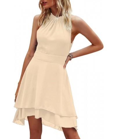 Women's Halter Sleeveless Pleated Layer Ruffle Hem Elegant Workwear Mini Dress Solid Beige $20.68 Dresses