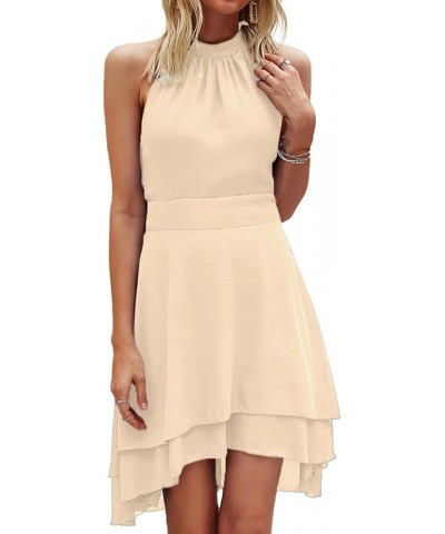 Women's Halter Sleeveless Pleated Layer Ruffle Hem Elegant Workwear Mini Dress Solid Beige $20.68 Dresses