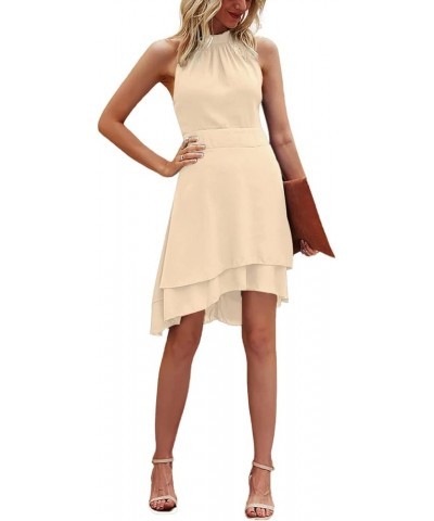 Women's Halter Sleeveless Pleated Layer Ruffle Hem Elegant Workwear Mini Dress Solid Beige $20.68 Dresses