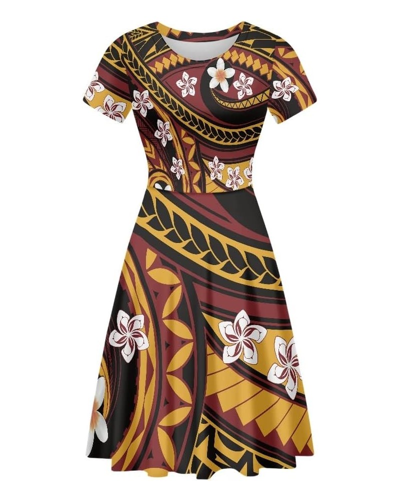 Women's Polynesian Traditional Tribal Print Crewneck Short Sleeve Summer Bohemia Casual Dress Polynesian Leaf Flower $15.00 D...