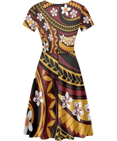 Women's Polynesian Traditional Tribal Print Crewneck Short Sleeve Summer Bohemia Casual Dress Polynesian Leaf Flower $15.00 D...