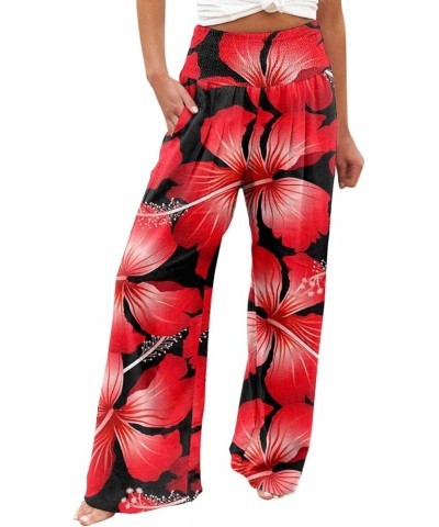 Women's Wide Leg 2023 Casual Trendy Trousers Vintage Boho Flower Graphic Pants High Elastic Waist Trouser 05 Red $7.93 Pants