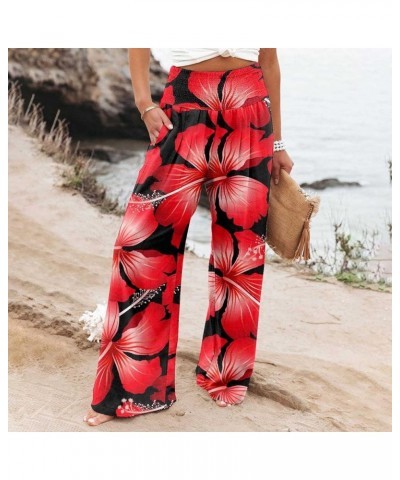 Women's Wide Leg 2023 Casual Trendy Trousers Vintage Boho Flower Graphic Pants High Elastic Waist Trouser 05 Red $7.93 Pants