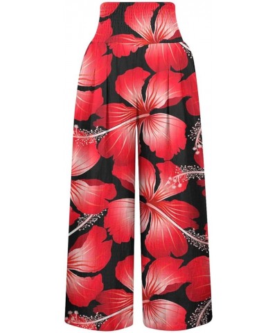 Women's Wide Leg 2023 Casual Trendy Trousers Vintage Boho Flower Graphic Pants High Elastic Waist Trouser 05 Red $7.93 Pants