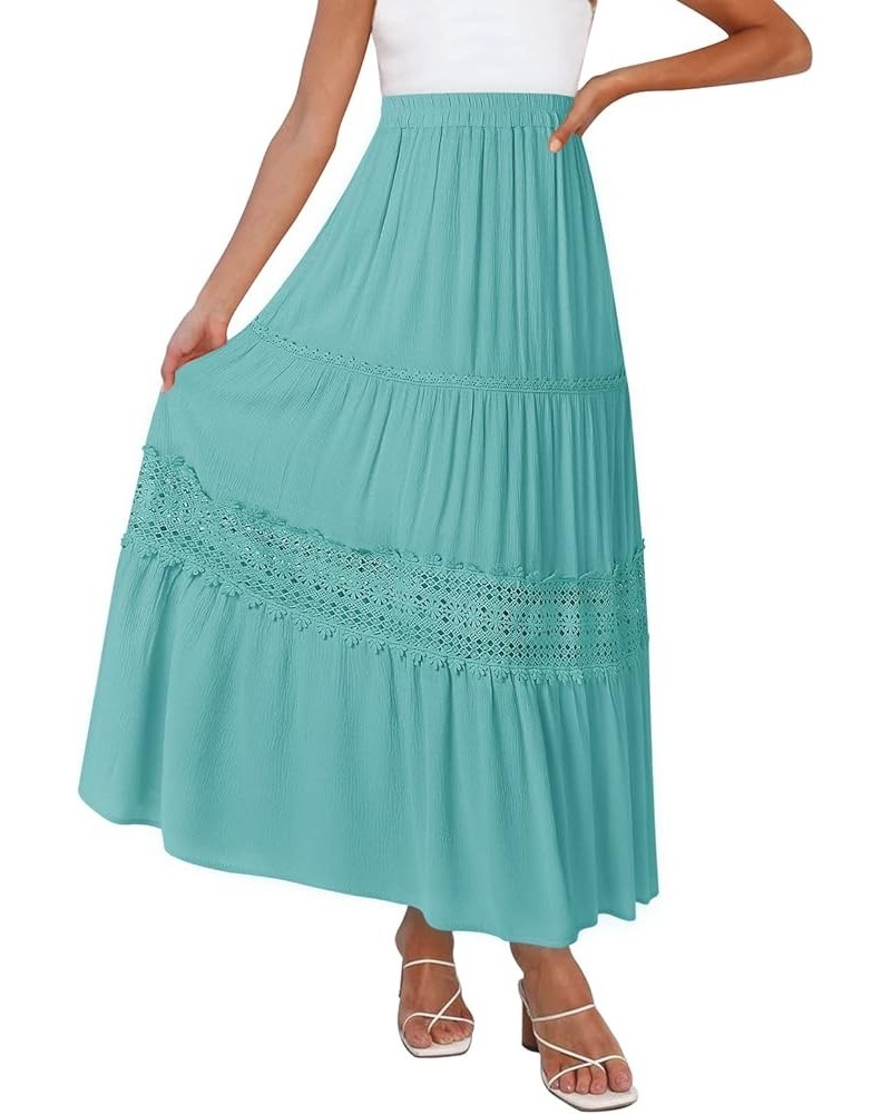 Women's Boho Elastic High Waist Pleated A-line Ruffle Lace Trim Tiered Midi Maxi Skirt with Pockets Aqua $21.75 Skirts