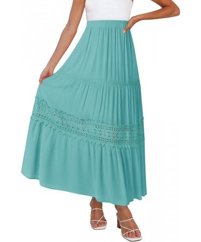 Women's Boho Elastic High Waist Pleated A-line Ruffle Lace Trim Tiered Midi Maxi Skirt with Pockets Aqua $21.75 Skirts